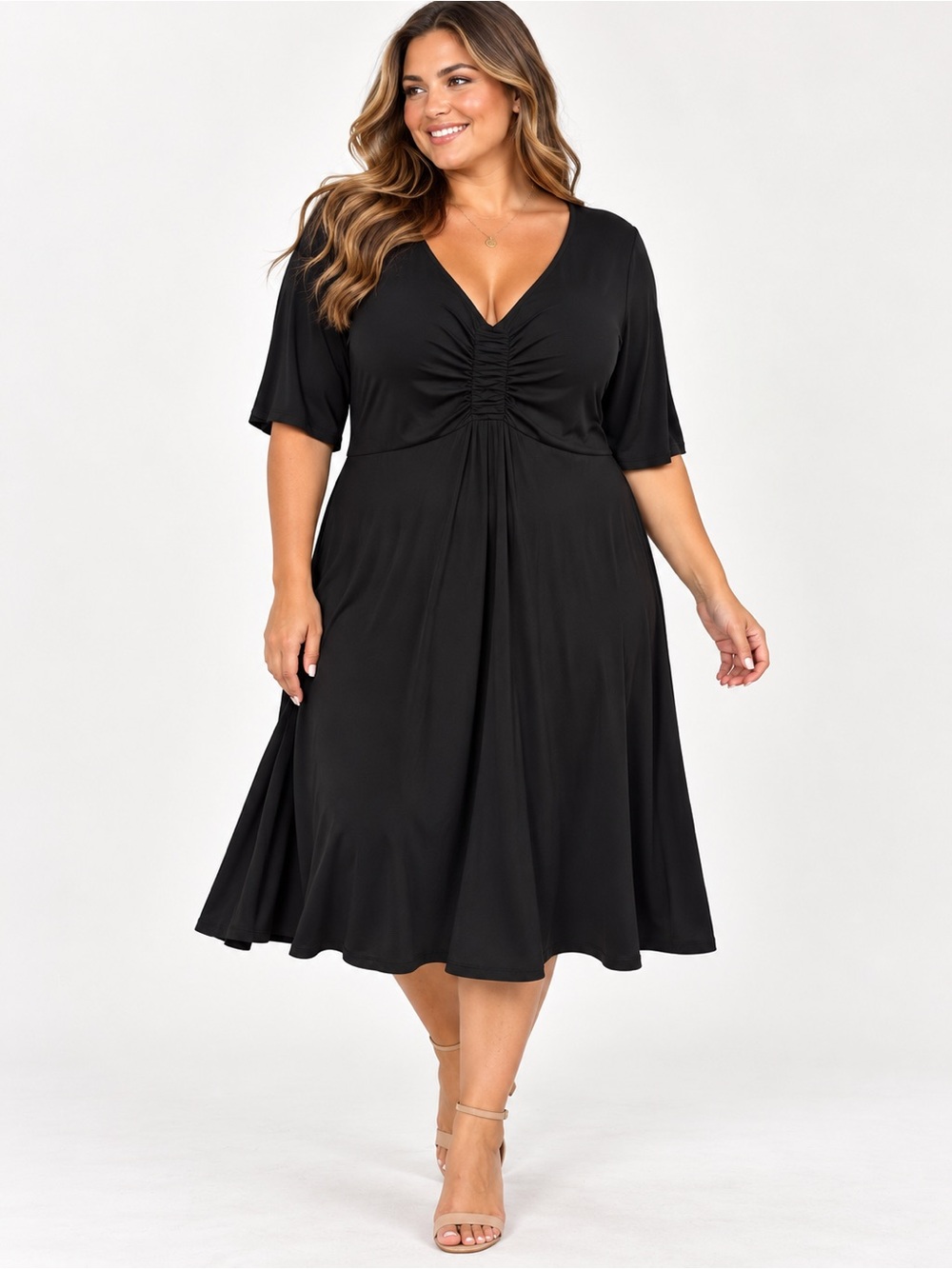 torrid Black V-Neck Midi Dress with Ruched Bodice
